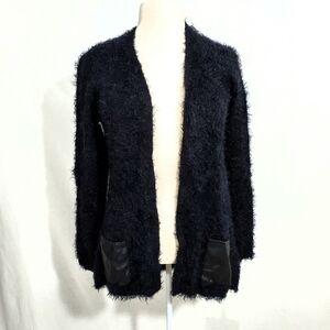 H&M Fuzzy Faux Mohair & Leather Black Cardigan